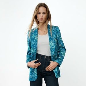 ZARA | Satin Effect Blue PRINTED BLAZER | NWOT
